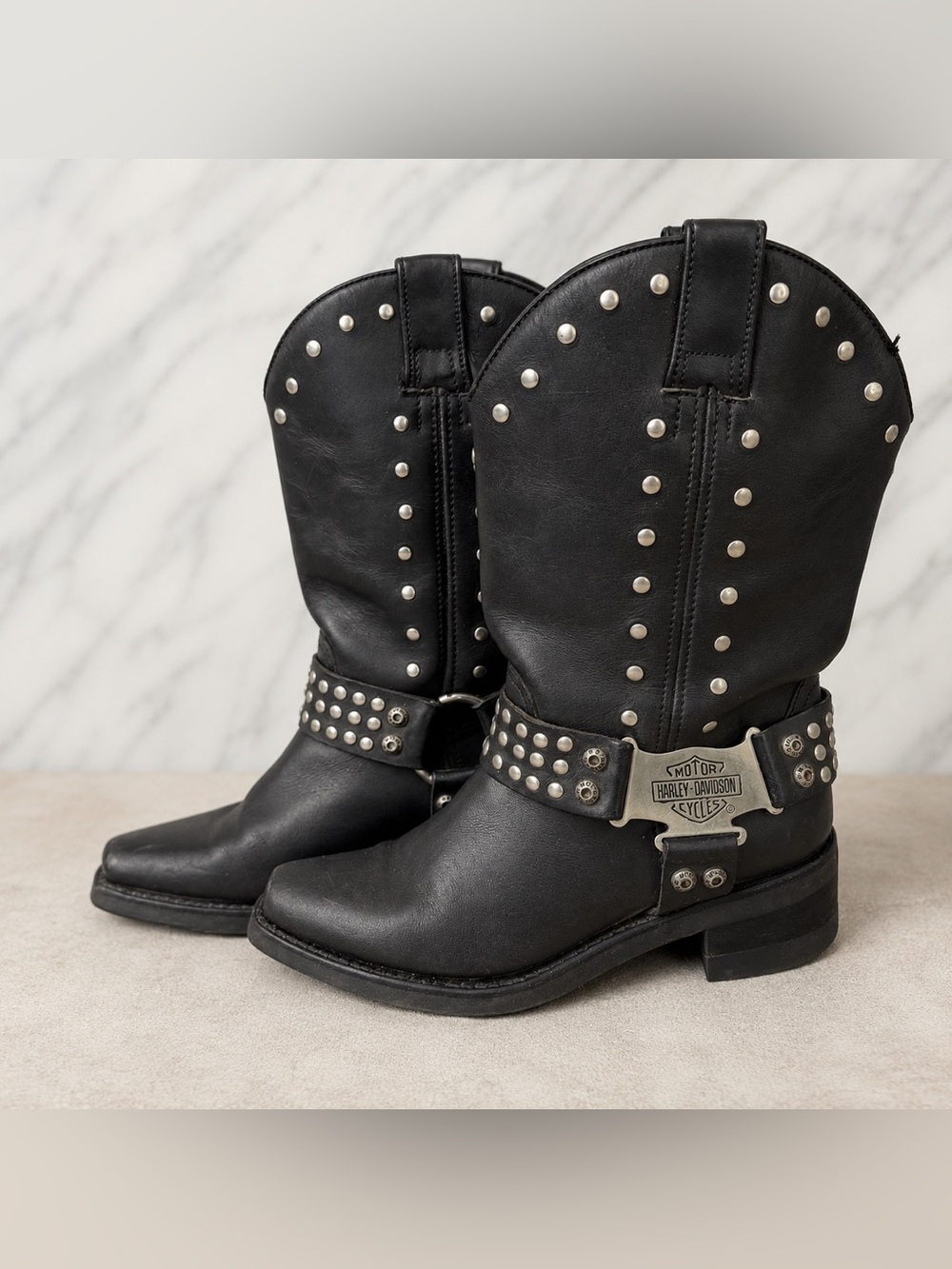 Y2K Harley Davidson Studded Buckle Western Leather Cowboy Motorcycle Boots